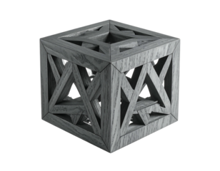Gray wooden cube with intricate, intersecting, triangular lattice design