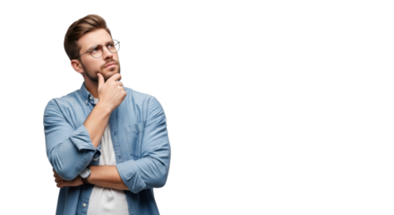 Young caucasian man, early 20s, pensive in casual blue shirt, hand on chin, lost in thought against transparent studio background with copy space, intellectual contemplation