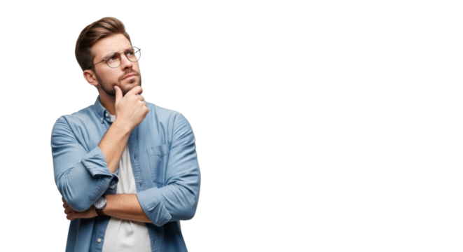 Young caucasian man, early 20s, pensive in casual blue shirt, hand on chin, lost in thought against transparent studio background with copy space, intellectual contemplation