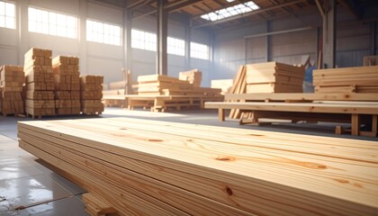 Stacked wooden planks—sunlit warehouse, beams and benches in quiet order—rest in warm industry. A metaphor for latent potential and the choreography of craft through natural precision.