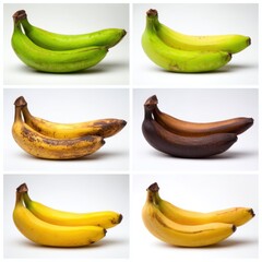 Collage of six images showing bunches of bananas at different ripeness stages, from green to overripe brown, on a white background.