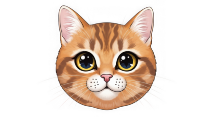 Cute cartoon illustration of a ginger tabby cat face with big eyes isolated on transparent background