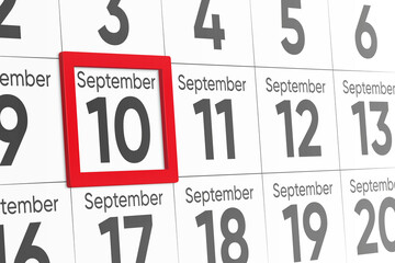 Date 10 September with red frame realistic calendar day design. Red frame shows the date September 10 3d illustration