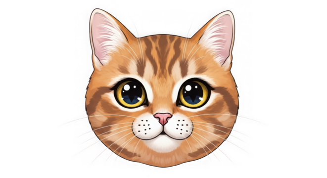 Cute cartoon illustration of a ginger tabby cat face with big eyes isolated on transparent background