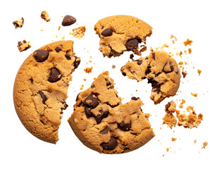 Broken chocolate chip cookie, crumbs scattered