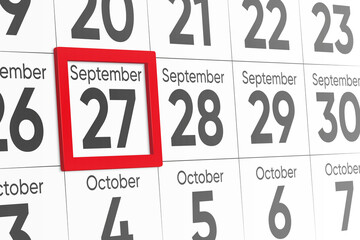 Date 27 September with red frame realistic calendar day design. Red frame shows the date September 27 3d illustration