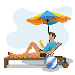 Happy tourist  man lie on deckchair with cocktail in hand , holiday on vacation banner. relaxing Summer vacation concept.. vector, illustration