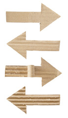Set collection or collage of brown corrugated cardboard in arrow shapes isolated on transparent background