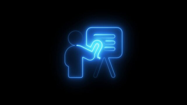 Training icon, coaching concept, teacher and learner, presentation, conference, lesson, seminar, education symbol. Glowing neon line of animated training icon