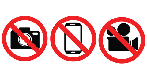 Camera, video and phone prohibition symbol sign set. No photographing and filming prohibit icon logo collection. Vector illustration