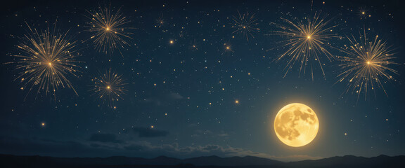 Celebratory fireworks under a full moon night sky digital art serene environment wide view illumination concept