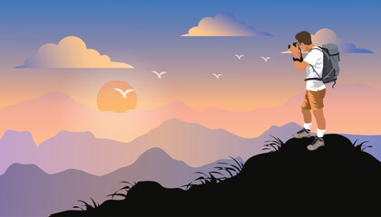 man tourist with a backpack climbs to the top of the mountain, taking photo by digital camera at sunset on the sea is on the horizon. Illustration with the concept of adventure tourism and travel.