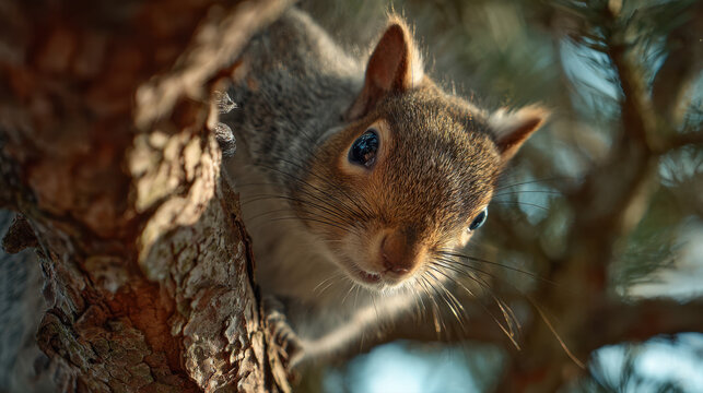 Curious squirrel peeking from behind tree bark surrounded by soft sunlight creating a natural, warm atmosphere with beautiful bokeh background highlights.