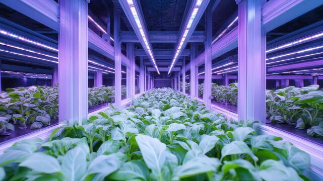 Vibrant green plants thrive in a modern indoor farm illuminated by bright LED lights. This advanced agricultural space showcases innovative growing techniques and technology
