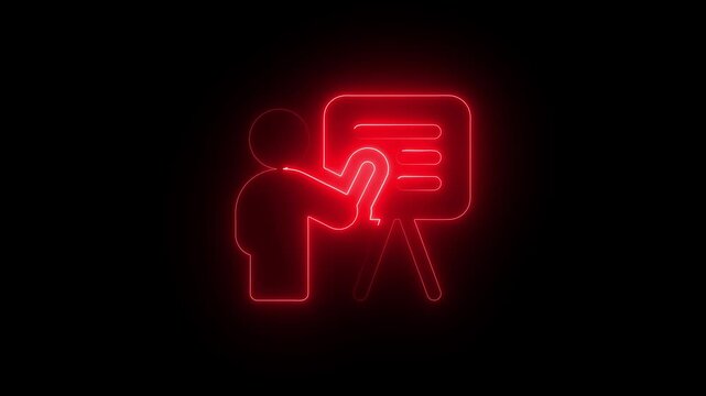 Training icon, coaching concept, teacher and learner, presentation, conference, lesson, seminar, education symbol. Glowing neon line of animated training icon