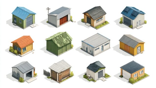 A set of isometric graphics depicting various types of storage buildings, set against a white background