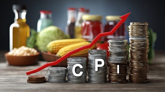 Rising food costs shown by rising coin stacks and red arrow graph with CPI letters on wooden table
