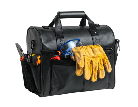 Black leather tool bag with safety gear