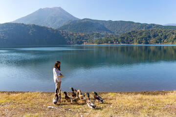 Woman feeding duck at beautiful lake view outdoors
