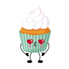 Adorable kawaii muffin character with cream topping and heart eyes
