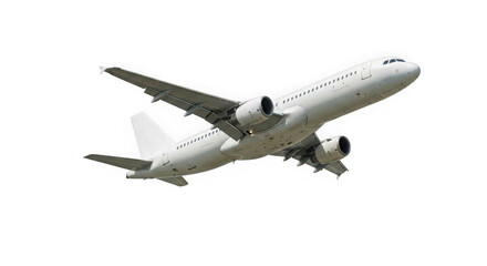 A modern white passenger airplane in midflight against a clean transparent background, isolated on transparent background