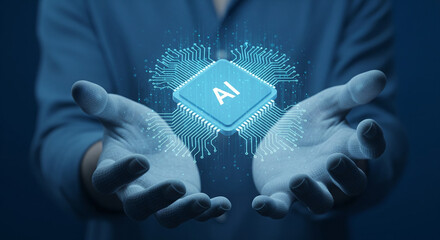 AI Technology in Hand: A person holds a glowing AI interface, symbolizing technological advancement. with an eye towards a digital future.