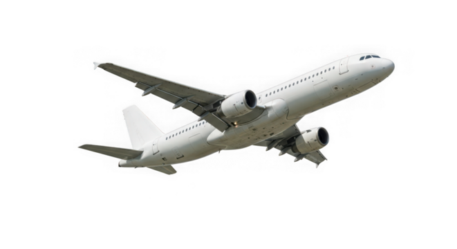 A modern white passenger airplane in midflight against a clean transparent background, isolated on transparent background