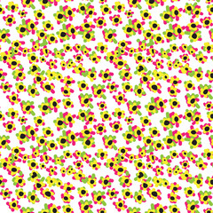 a decorative repeat ditsy flowers composition,  vibrant pink, green and yellow flowers with varying shapes and sizes scattered across a white background.