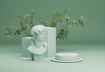 Minimal scene with wooden podium, tropical palms, monster leaves and abstract background. Pastel green and white colors scene. Trendy 3d render for social media promotion, cosmetic product show.	
