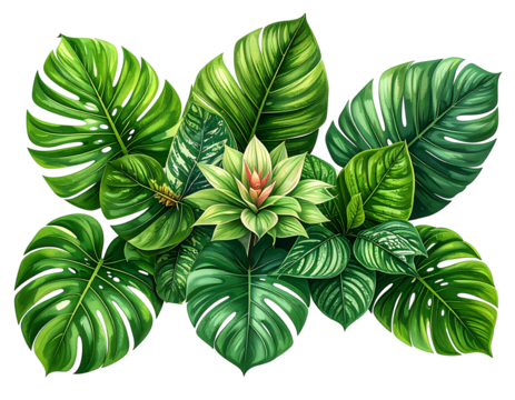Lush tropical leaves and flower cluster