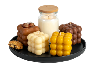 Round black tray holds four unique bubble-shaped candles in brown, beige, and yellow, with a large, clear candle in the background