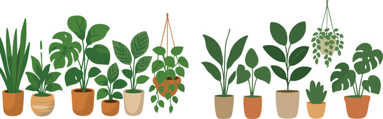 Indoor potted house plants collection, decorative greenery set, modern botanical design elements, tropical leaf illustration, cad drawing flat vector illustration