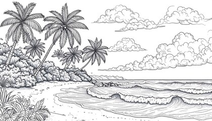 Tropical beach scene, hand-drawn style