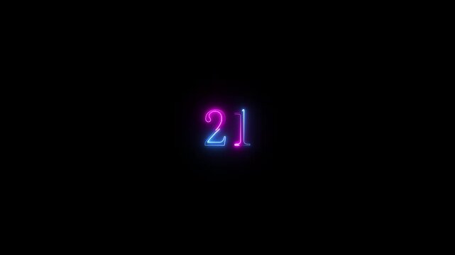 Neon text number 21 countdown icon background 4k animation . Neon dial 21 icon glowing black background animation, with Bright neon glowing number 21.