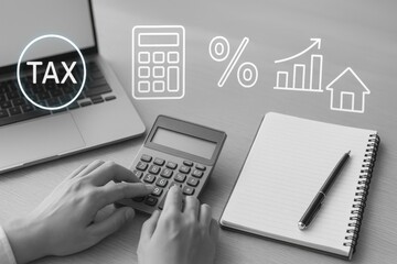 Hands using calculator with tax icons percentage chart and house symbols representing financial planning
