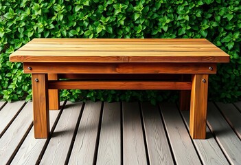 Fototapeta premium Empty rustic wooden deck table atop mint green wallpaper background, vintage, planks