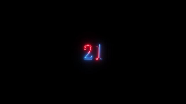 Neon text number 21 countdown icon background 4k animation . Neon dial 21 icon glowing black background animation, with Bright neon glowing number 21.