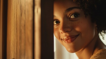 Intriguing gaze of a young woman peeking from behind a textured wooden panel