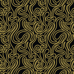 A swirling gold repeating line pattern on a black background, creating an intricate, abstract design with fluid movements.
