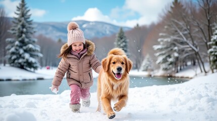 Joyful young girl in winter coat runs through snow with her golden retriever. Surrounded by snowy trees and mountain backdrop, they enjoy at perfect winter day