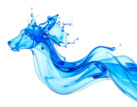 A dog's head and body morphing into flowing, vibrant blue water