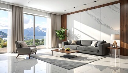 Fototapeta premium A modern living room—white sectional, leather chair, mountain painting, sunlit plant—rests in curated calm. A metaphor for domestic harmony and the choreography of space through light and memory.