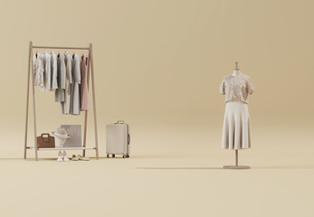 Clothes on neutral background, shelf on cream backdrop, dry plant pot. Fall winter  collection of clothes hanging on rack in beige tones. 3D rendering, store and bedroom concept
