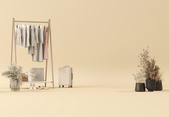 Clothes on neutral background, shelf on cream backdrop, dry plant pot. Fall winter  collection of clothes hanging on rack in beige tones. 3D rendering, store and bedroom concept