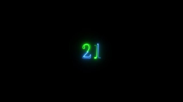 Neon text number 21 countdown icon background 4k animation . Neon dial 21 icon glowing black background animation, with Bright neon glowing number 21.