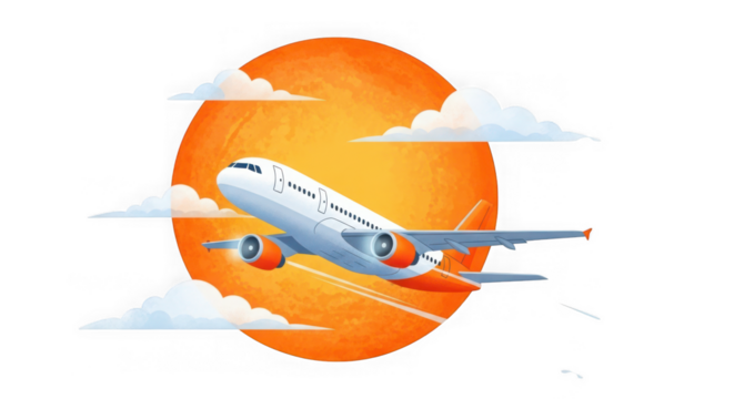 Airplane flying towards a large orange sun in the sky with clouds isolated on transparent background