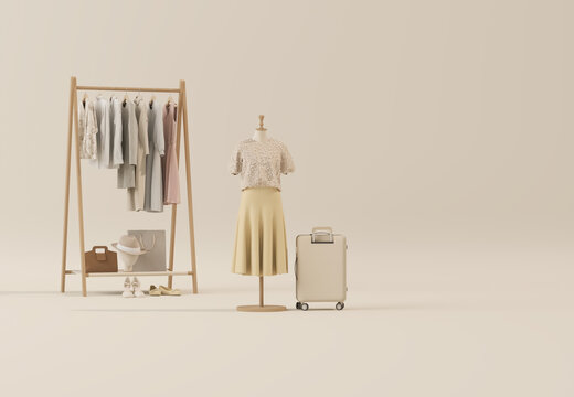 Clothes on neutral background, shelf on cream backdrop, dry plant pot. Fall winter  collection of clothes hanging on rack in beige tones. 3D rendering, store and bedroom concept
