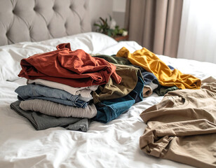 Neatly folded laundry stacked on a comfortable bed, ready for storage or use