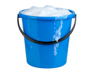 Blue plastic bucket filled with sudsy, foamy water