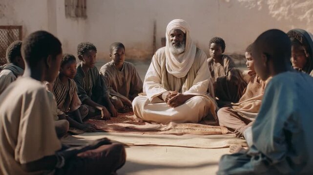 Knowledge Circle: A group of students engrossed in a study session with their mentor, reflecting on knowledge and wisdom. capturing the deep moment of learning and shared contemplation.